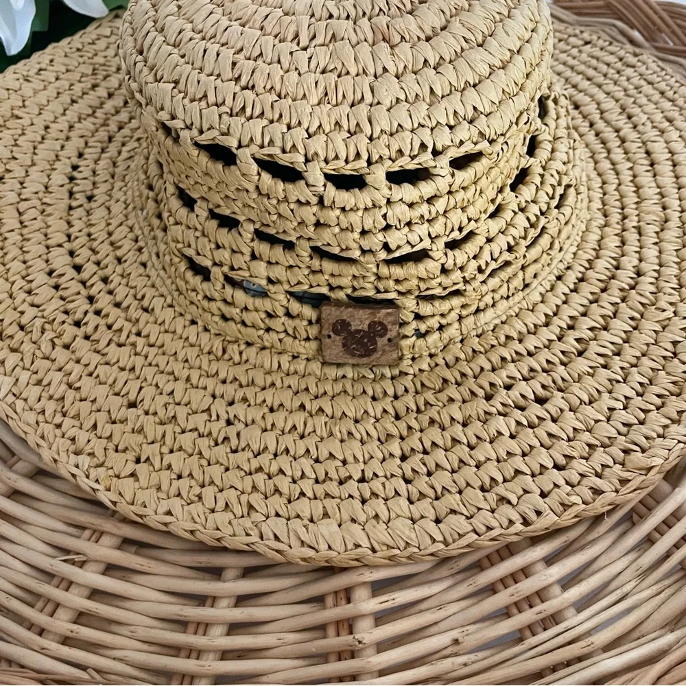Disney Parks Mickey Mouse Woven Straw Floppy Hat Carved Wood Mickey Mouse summer